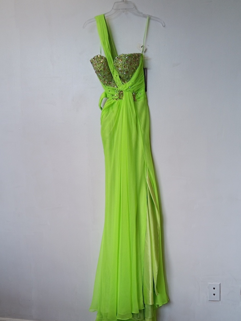 Vintage Mac Duggal Neon Green One-Shoulder Beaded Evening Gown
